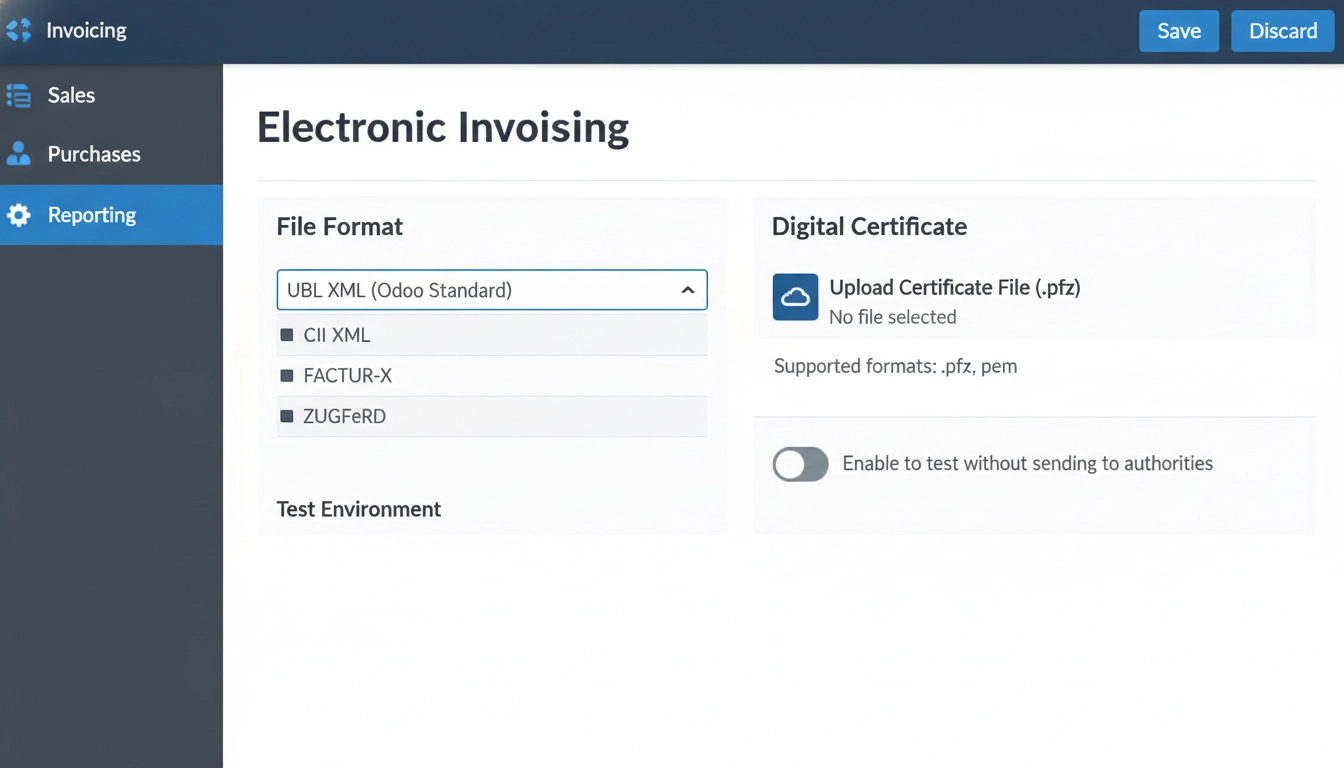 Configuration des tests environnement facturation électronique Odoo avec module de gestion des formats XML et certificats