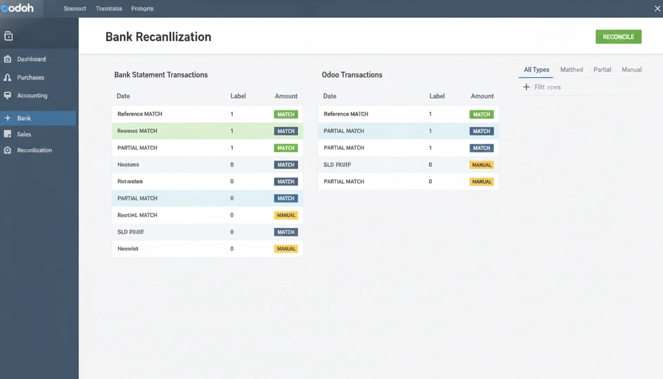 Vue du tableau de bord Odoo pour gérer les types de correspondance transactions réconciliation bancaire Odoo efficacement